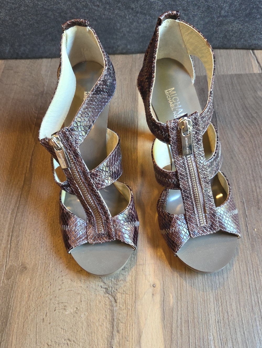 Michael Kors Purple Snake-Embossed Zip Gladiator Heels